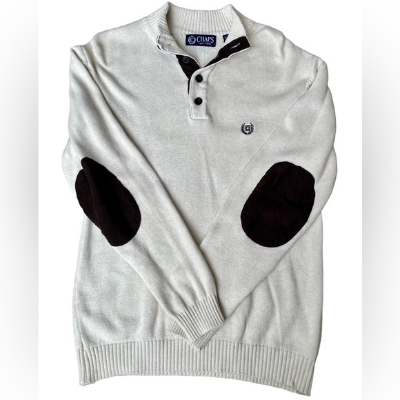 Chaps Cream Sweater 1/4 Button Up with Brown Elbow Patches Men's Small - Picture 1 of 10